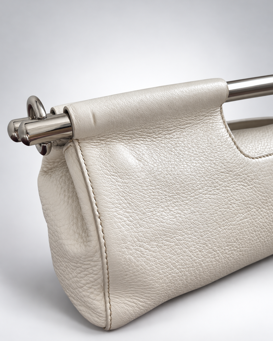 Vintage Prada Vitello Daino Steel Handle Clutch White - SS2003 Archive