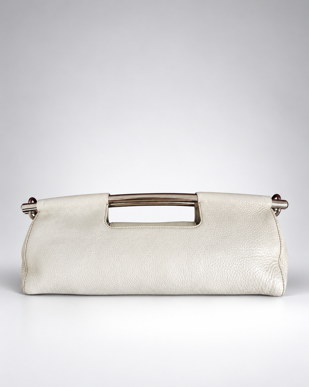 Vintage Prada Vitello Daino Steel Handle Clutch White - SS2003 Archive