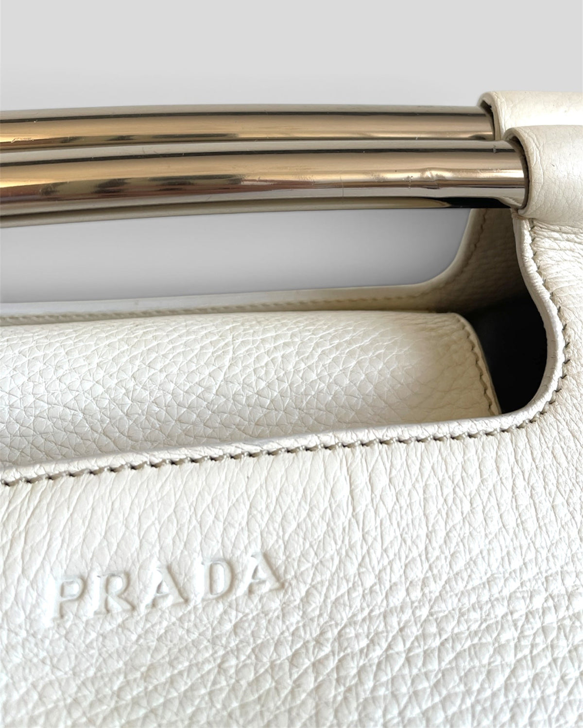Vintage Prada Vitello Daino Steel Handle Clutch White - SS2003 Archive