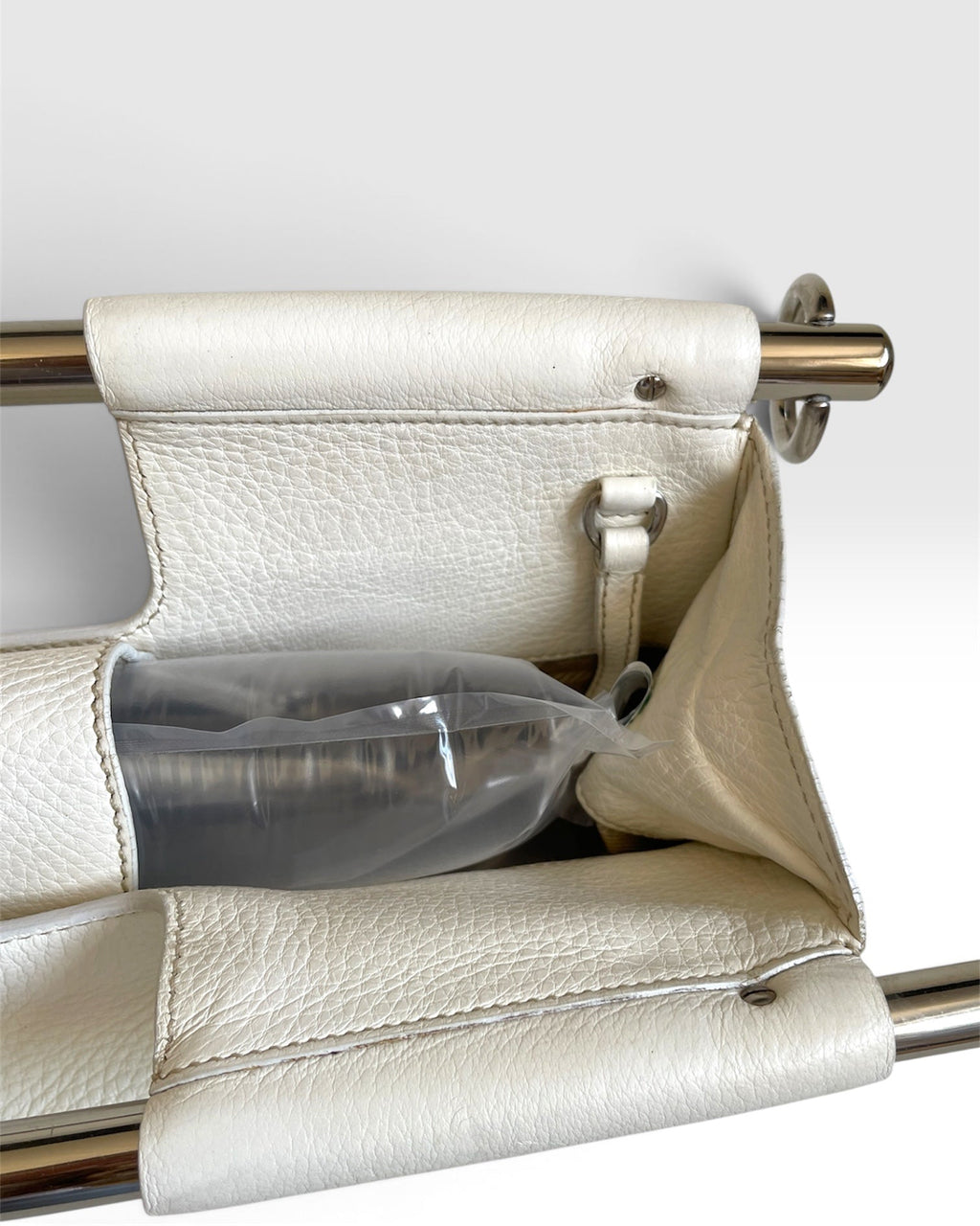 Vintage Prada Vitello Daino Steel Handle Clutch White - SS2003 Archive