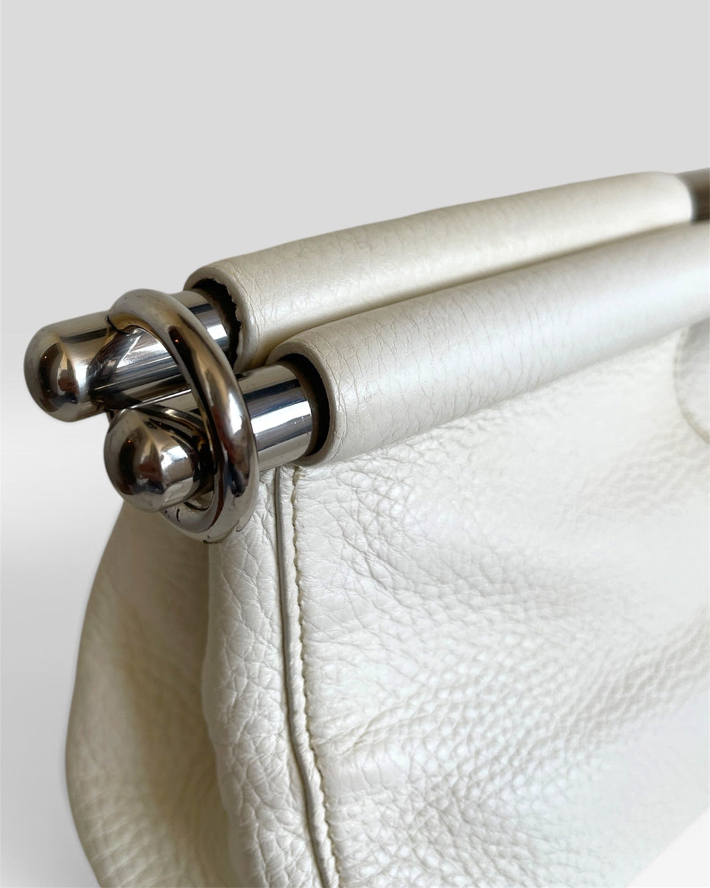 Vintage Prada Vitello Daino Steel Handle Clutch White - SS2003 Archive