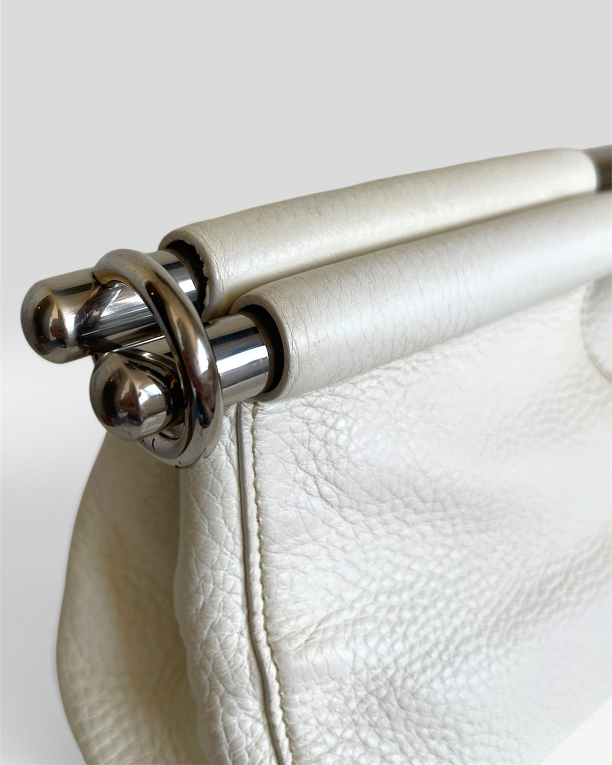 Vintage Prada Vitello Daino Steel Handle Clutch White - SS2003 Archive
