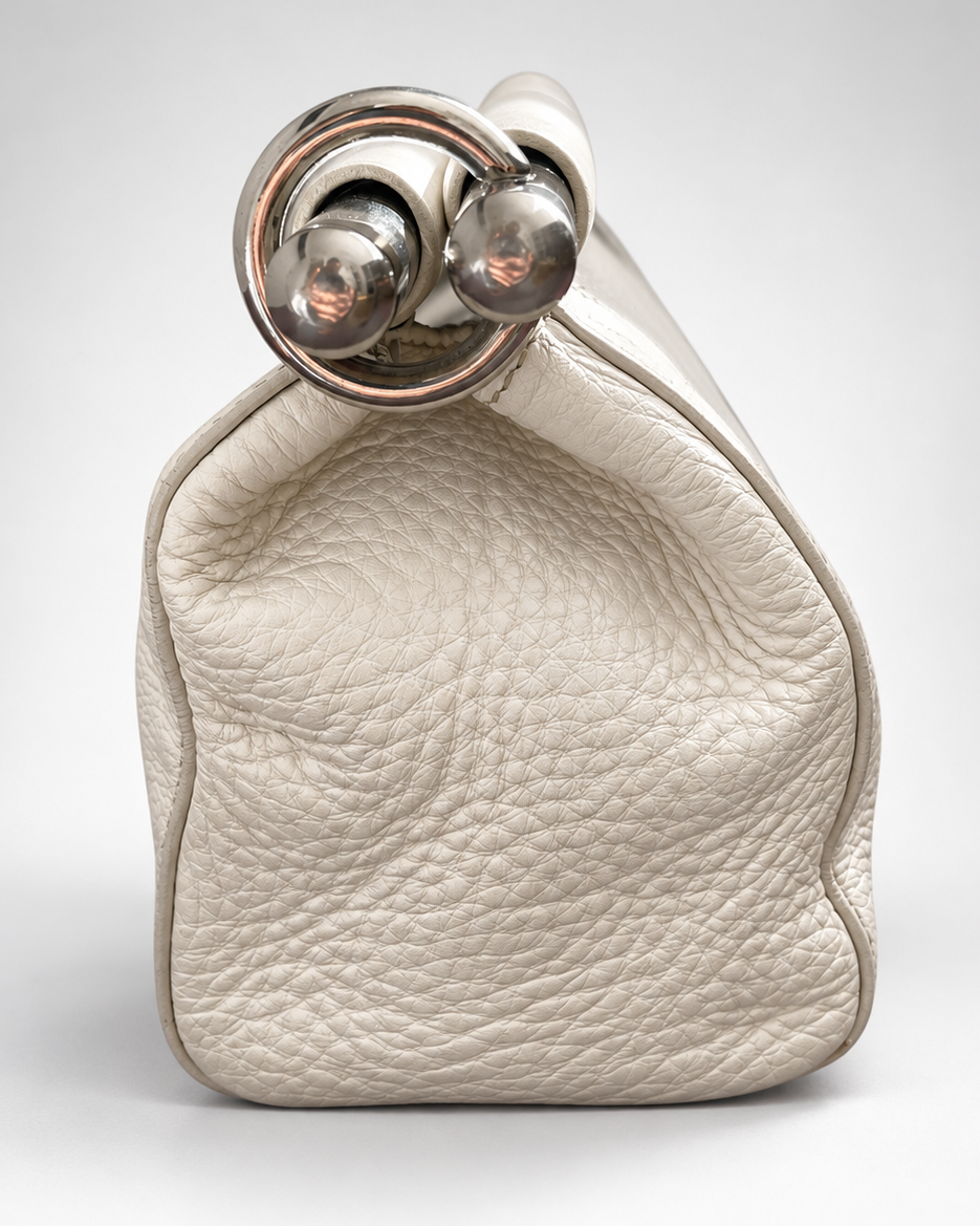Vintage Prada Vitello Daino Steel Handle Clutch White - SS2003 Archive