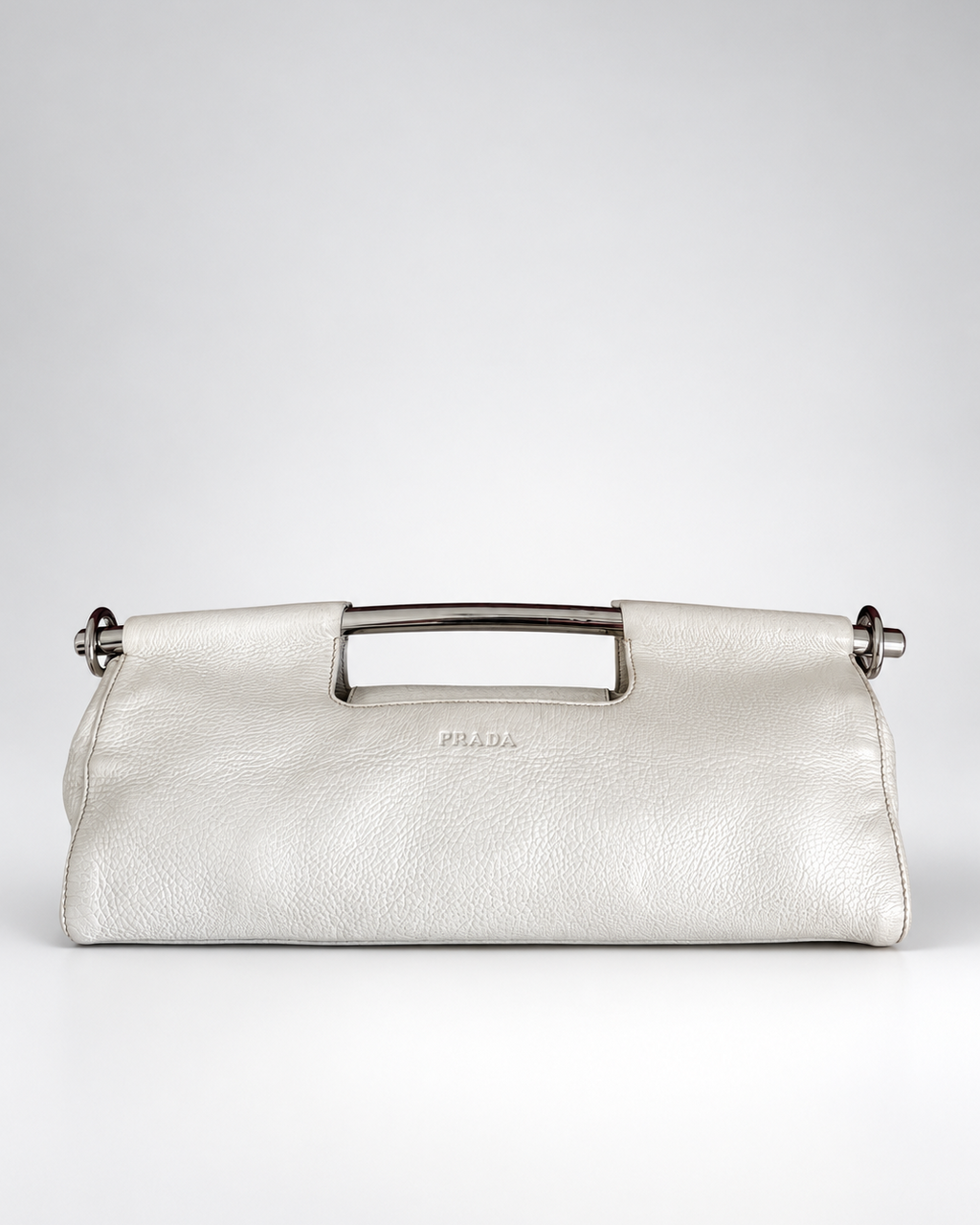 Vintage Prada Vitello Daino Steel Handle Clutch White - SS2003 Archive