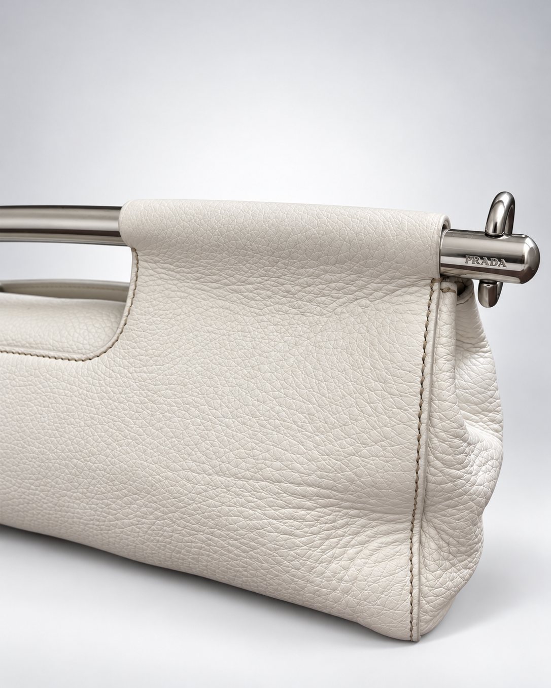 Vintage Prada Vitello Daino Steel Handle Clutch White - SS2003 Archive