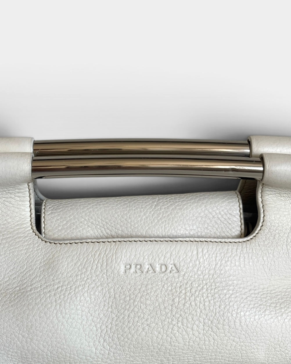 Vintage Prada Vitello Daino Steel Handle Clutch White - SS2003 Archive