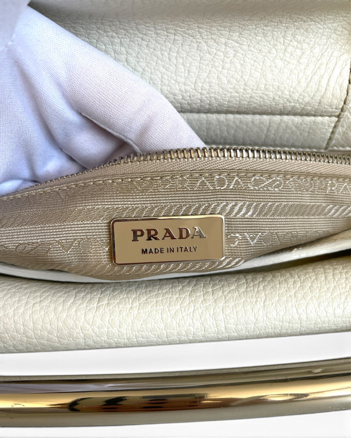 Vintage Prada Vitello Daino Steel Handle Clutch White - SS2003 Archive