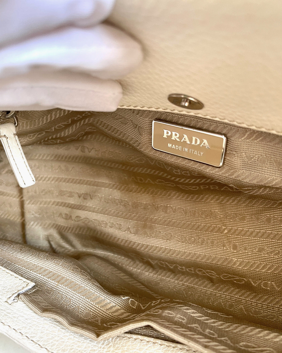 Vintage Prada Vitello Daino Steel Handle Clutch White - SS2003 Archive