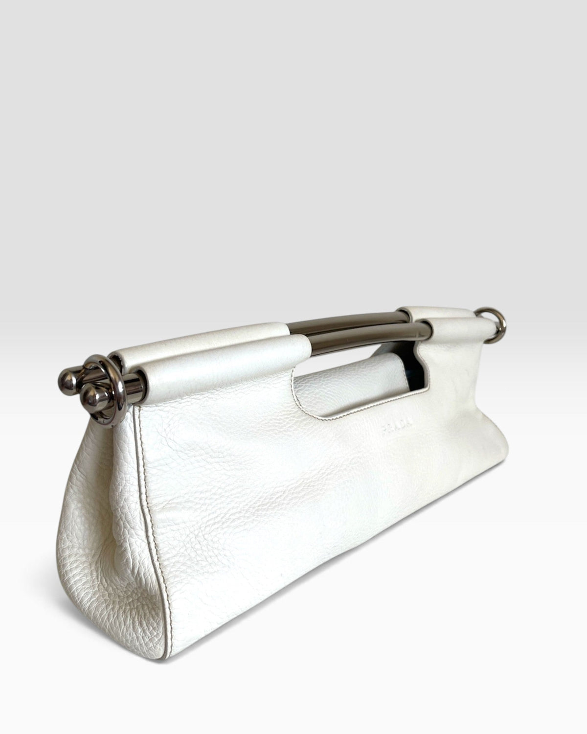 Vintage Prada Vitello Daino Steel Handle Clutch White - SS2003 Archive